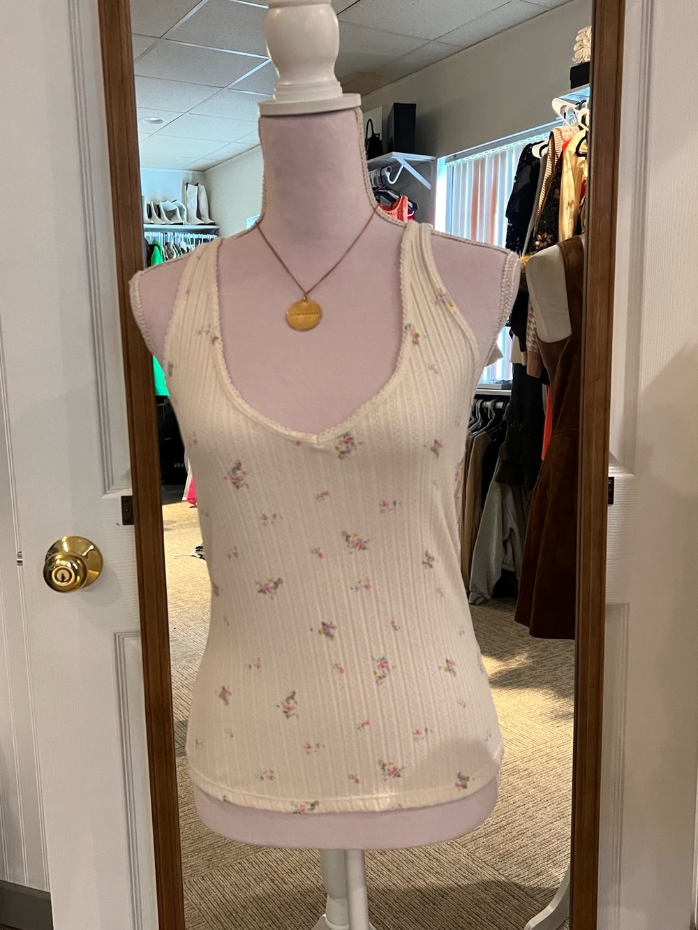 Universal Thread Cream Ribbed Tank with Pink Floral Print